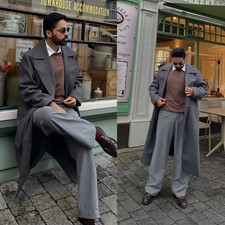 Gray Cashmere Men's Overcoat Wide Lapel Outdoor Casual Winter Warm Long Coats