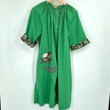 Vintage 70s Green House Dress L Strawberry Floral  Whimsical Mod Granny Hippie