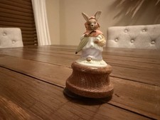 Vintage Bunny Rabbit Music Box Rotating Figurine Umbrella Easter Spring Decor
