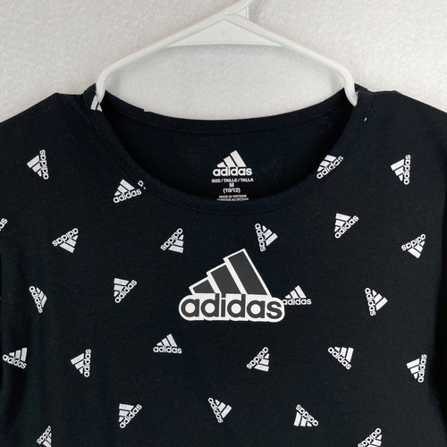 Adidas Kids Unisex Black Tee Shirt All Over Print Logo Size M 10/12 - Picture 2 of 9