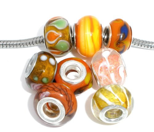 6 Pcs Sterling Silver & Glass Beads Bundle - Dark Blue White Flower Design, 13-14mm, For European Charm Bracelets & Necklaces