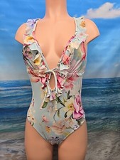 NWT Cupshe One Piece Swimsuit Extra Large Blue Floral Pink Yellow Ruffle