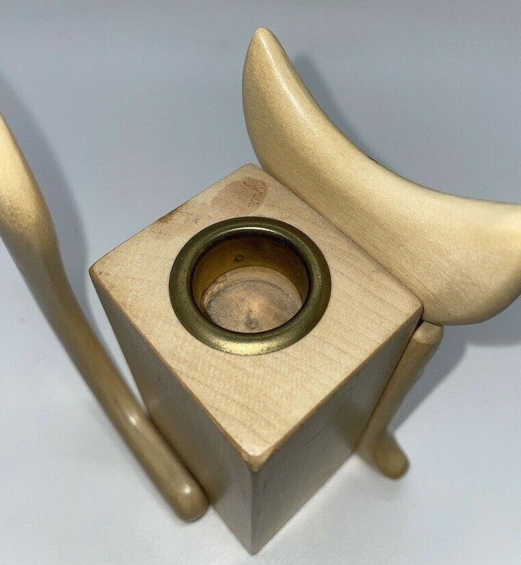 Wood Cat Candle Holder Signed SE Patrakka Figurine Decor Modern Stylized Folk 