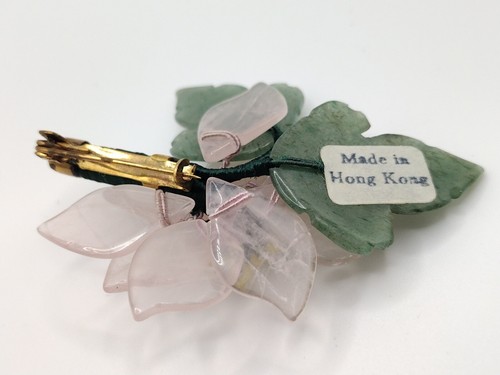 Beautiful Flower Carved Rose Quartz & Jadeite Gemstone Brooch - Picture 5 of 5