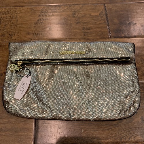 Victorias Secret Gold Glitter Bling Fold Over Zip Evening Bag Clutch Purse New - Picture 2 of 11