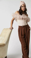 NEW Sz S Free People Big Love Tulle Bodysuit Dusty Pink Ruffle Sleeve