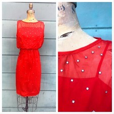 HOLIDAY PARTY 1950?s Vintage 1950s 1960?s 60s  Red Chiffon Rhinestone Dress XS S