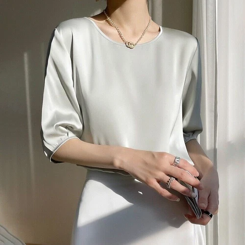Damen Elegant Satin 3/4 Ärmel Seide Tops Rundhals Bluse T-Shirt Locker Freizeit - Bild 8 von 30