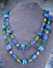 50" Long Handmade Blue Green Art Glass Bead Necklace