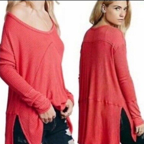 Free People Sunset Park Oversized Thermal Waffle Knit Tunic Sweater xs Coral #C3