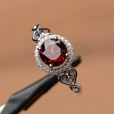 Natural Red Garnet round Cut Ring 925 Silver White Gold Plated engagement Ring