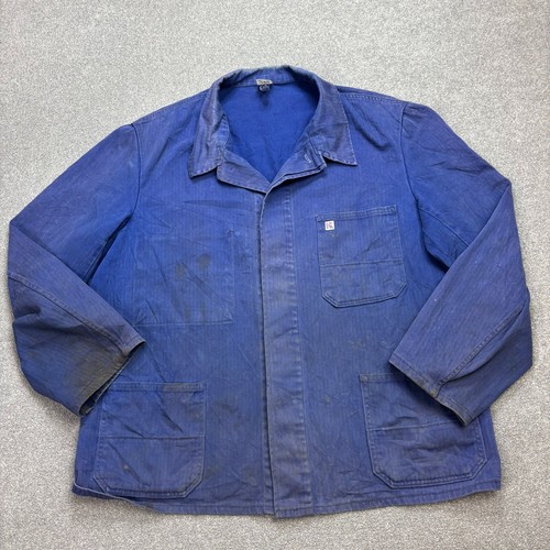 VINTAGE French Jacket Adult X Large Blue Workwear Herringbone Sanfor Chore Men - 第 1/10 張圖片