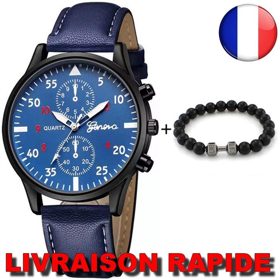 Montre Bracelet Cuir Homme – Quartz Noir, Style Luxe, GENEVA