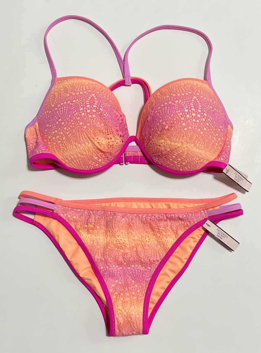 VICTORIAS SECRET Size L/36DD Bikini Set Warm Ombré Orange Pink