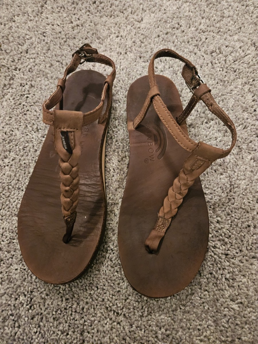 Rainbow Womens T-Street Braided Leather Thong Sandals Brown Size