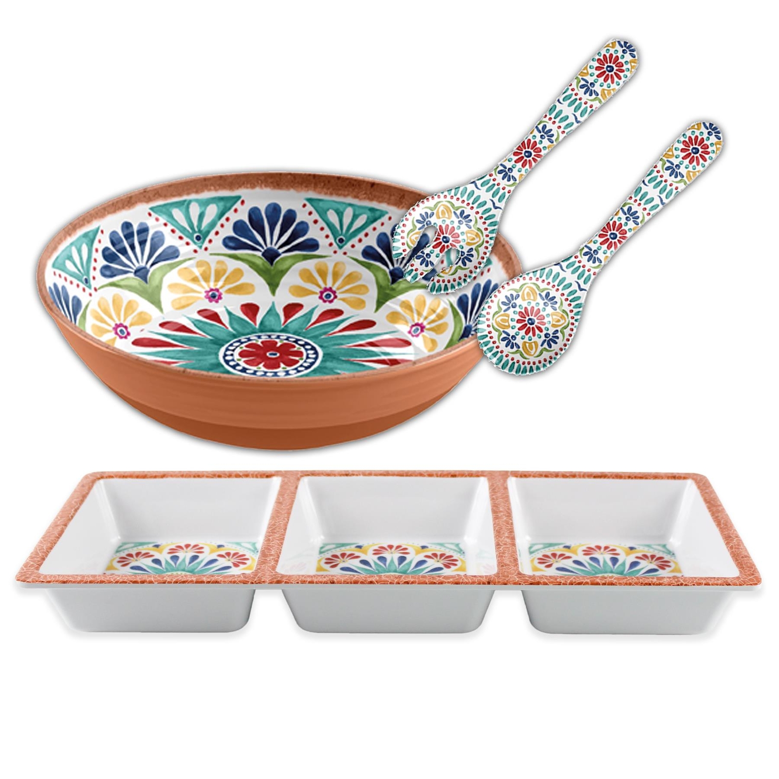 Rio Medallion Melamine/Plastic - 3-Section Tray, Salad Bowl & Servers Set