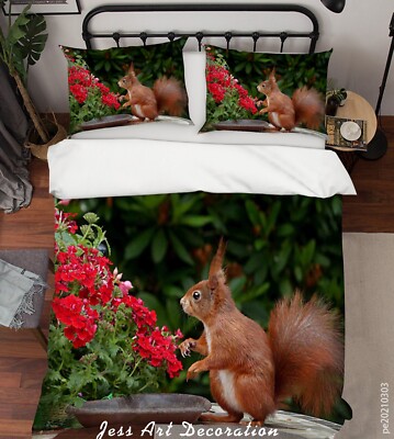 3D Squirrel Flower Nature Quilt Cover Set Bedding Sets Pillowcases Queen