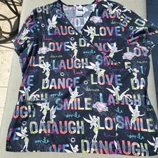 Disney Women  s Tinkerbell Scrub Top Pocketed Sinch Back V-Neck Size XL