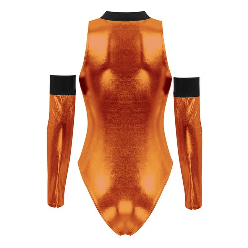 Women's Shiny Patent Leather Astronaut Costume High Cut Bodysuit with Oversleeve - Picture 14 of 25