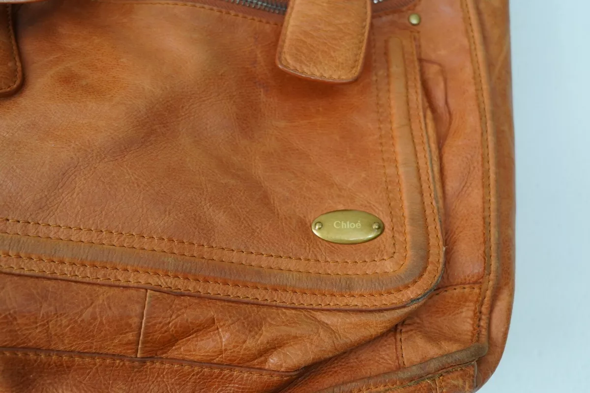 Authentic Vintage Chloe Tan Leather Bay Satchel Handbag Large Purse Brown