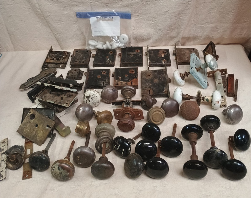 Large Vintage Lot of Doorknobs &Hardware (78) Pieces Porcelain & Metal