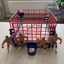 Vintage 1990 Galoob WCW Wrestling Ring With Cage Plus 4 figures. INCOMPLETE 