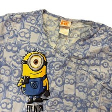 DESPICABLE ME Minions Scrub Top Womens Small Blue Cartoon Graphic V Neck