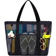 Mesh Beach Bag Large Beach Tote with Top Zipper Closure 8 Pockets Toys Pool...