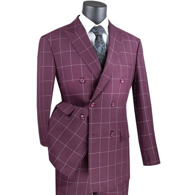 BIG & TALL Men's Burgundy Windowpane Double Breasted Modern Fit Suit NEW