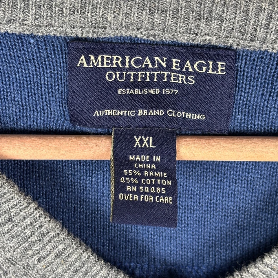 NWOT American Eagle Mens Ramie Pullover Sweater XXL Grey V-neck Classic Preppy - Image 4 of 4