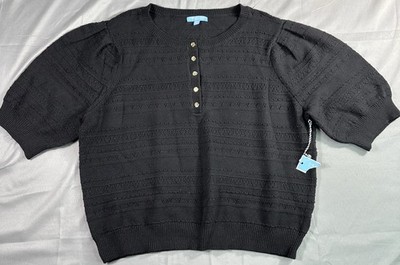 Draper James RSVP Knit Blouse Black Button Up Pom Pom Pattern Sweater Size XXL
