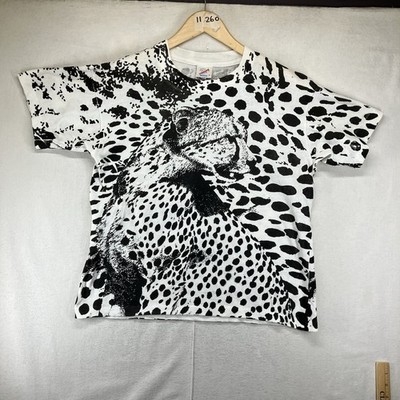 Vintage 80s Nature Tee AOP Cheetah Mens Medium VTG Black White Thin Single Stich