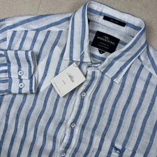 RODD & GUNN 110% Linen Striped White Blue Long Sleeve Shirt Medium Minimalist