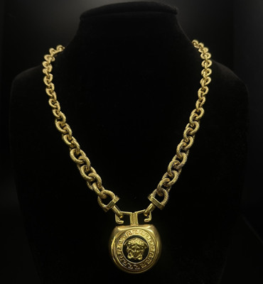 Yellow Gold 14k Versace Look A Like Greca Medusa Chain Necklace 40.1g
