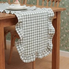 Tegeme Gingham Table Runner 12''x71'' Cotton Ruffle Checkered Olive Green Plaid