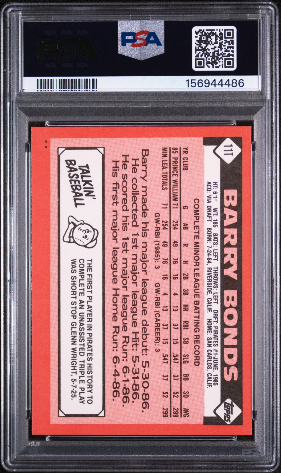 1986 TOPPS TRADED #11T BARRY BONDS ROOKIE RC PSA 5 view 2
