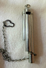 Vintage Silver Metal TRAIN WHISTLE w/Chain. 3 Pipes. Works Well. Made in USA.