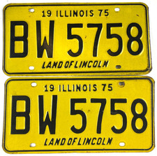 Vintage Illinois 1975 Auto License Plate Set Pair BW 5758 Man Cave Wall Decor