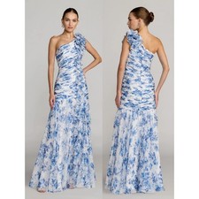 Mac Duggal Blue Ruched Floral Chiffon Gown With 3D Ruffles $598 - Size 4