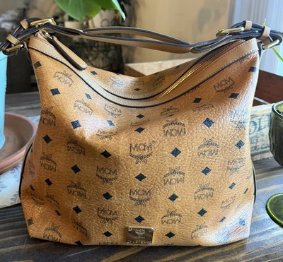 Authentic MCM Visetos Cognac Hobo Shoulder Bag Large Leather Trim Korea