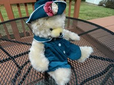VTG articulated plush teddy bear blond tan girl traditional corduroy dress hat