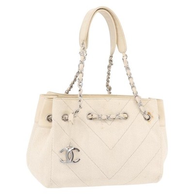 CHANEL Chain V Stitch Shoulder Bag Canvas Beige Silver CC Auth YKZ1182A
