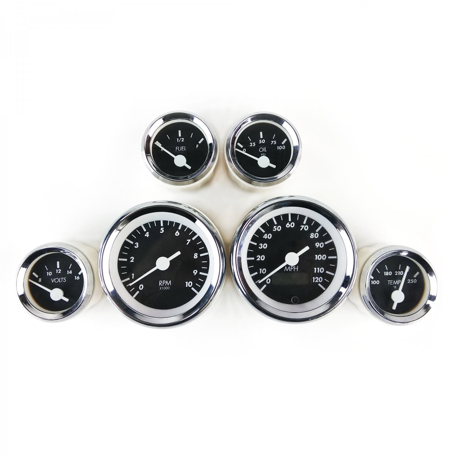 6 Gauge Kit SAE OG Classic Black White V Needles Chrome Trim Instrument Custom