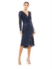 Ieena Mac Duggal 26555 Sleeve Sequin Faux Wrap Dress Sz 14  358 NavyMidnight