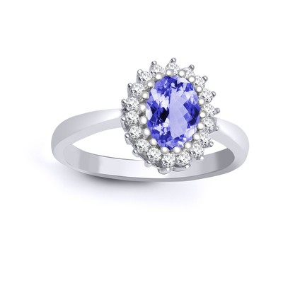 9ct White Gold Jewelco London Diamond Tanzanite Classic Royal Cluster Ring 11mm