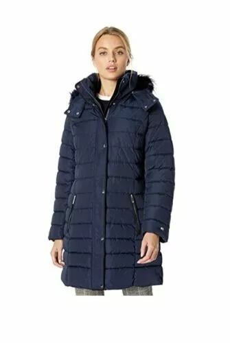 TOMMY HILFIGER MIDLENGTH PUFFER WINTER JACKET COAT W/ HOOD WOMEN NAVY SMALL - Picture 1 of 11