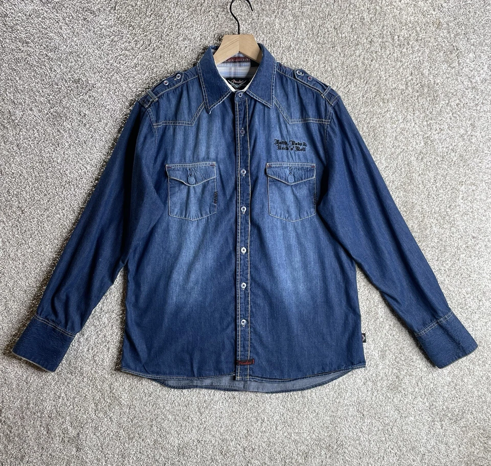 Camisa FENDER RARA Para Hombre L Personalizada Shop By Rock And Roll Religion Denim Abotonada Foto 4 de 4