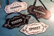 Set/4 Hanging Wood Signs Plaques Spooky Frightful Wicked Halloween Wall Decor