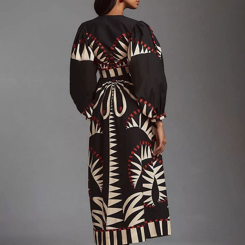 Robe longue imprimée manches longues mode col V robe femme - Photo 15/19