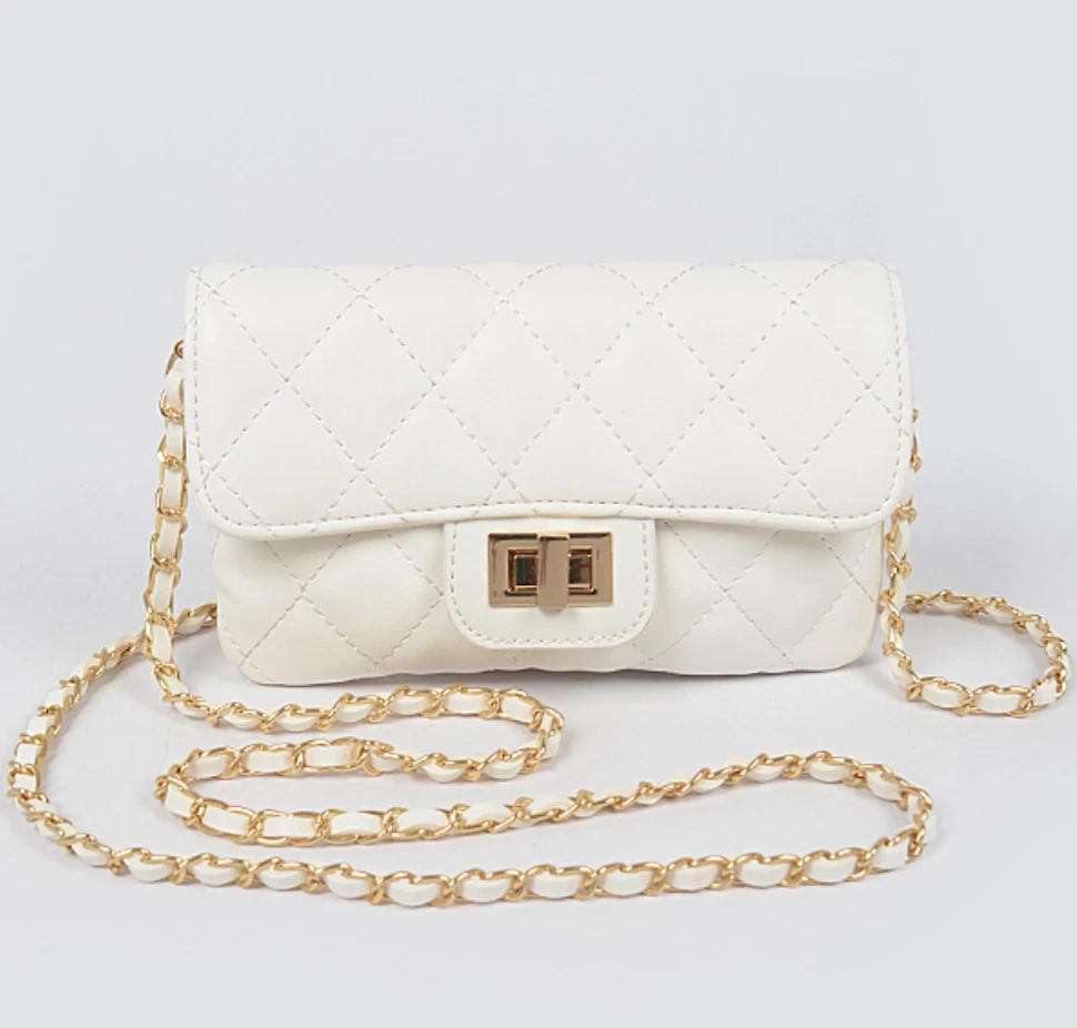 White Vegan Leather Quilted Rectangle Flap Bag Silver Chain Lock